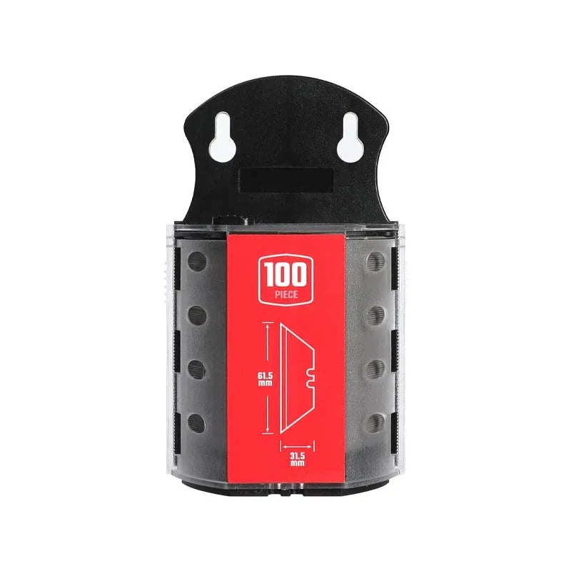 Support pour lame de couteau utilitaire noire avec étiquette rouge indiquant 100 pièces et dimensions.