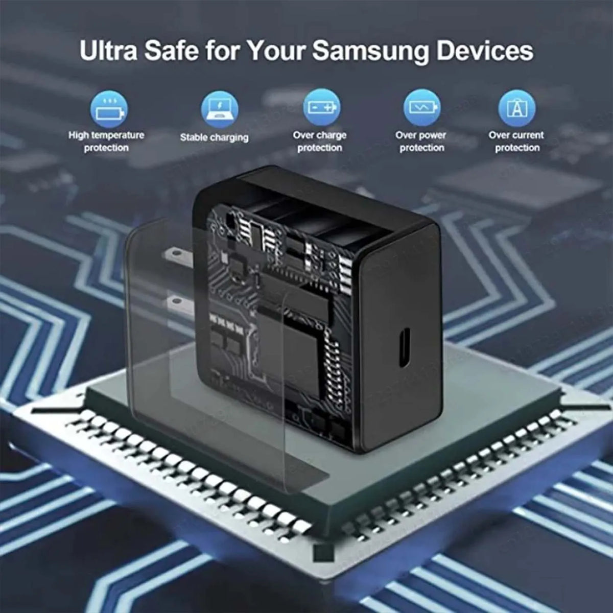 A black charging module is shown on a circuit board with various safety features highlighted.