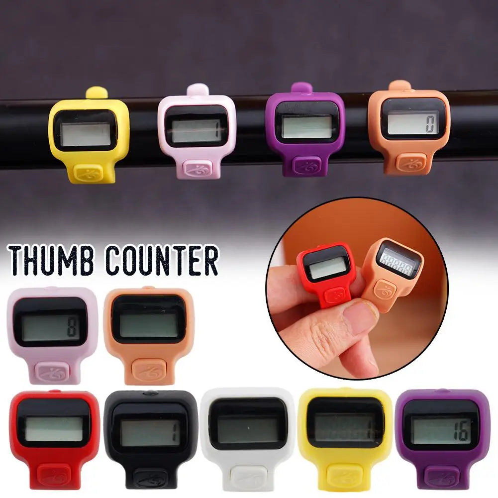 A collection of various colored thumb counters and digital clickers shown in different orientations.
