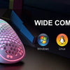 A white gaming mouse with pink RGB accents is shown next to a keyboard, highlighting wide compatibility across Windows, Linux
