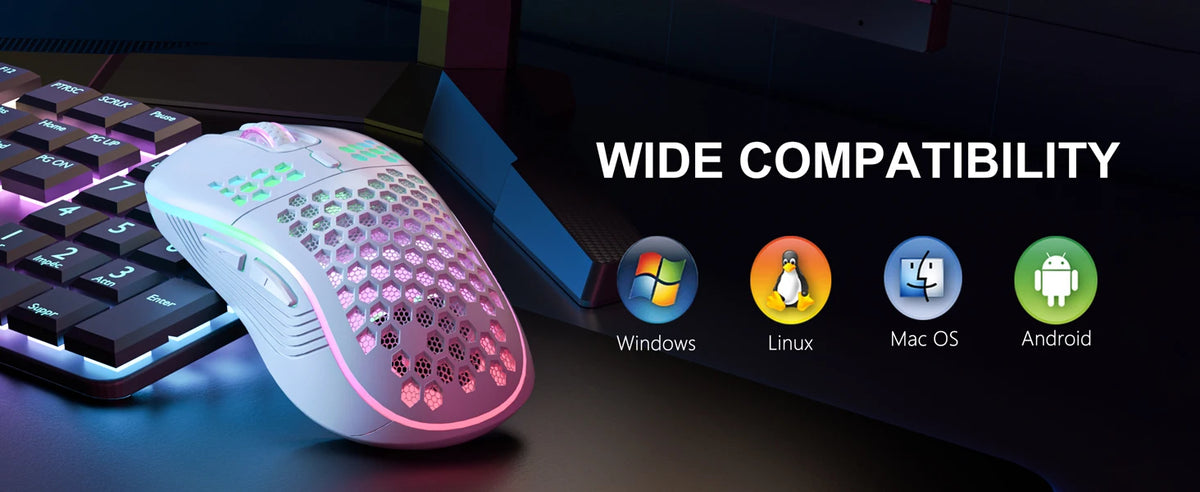 A white gaming mouse with pink RGB accents is shown next to a keyboard, highlighting wide compatibility across Windows, Linux