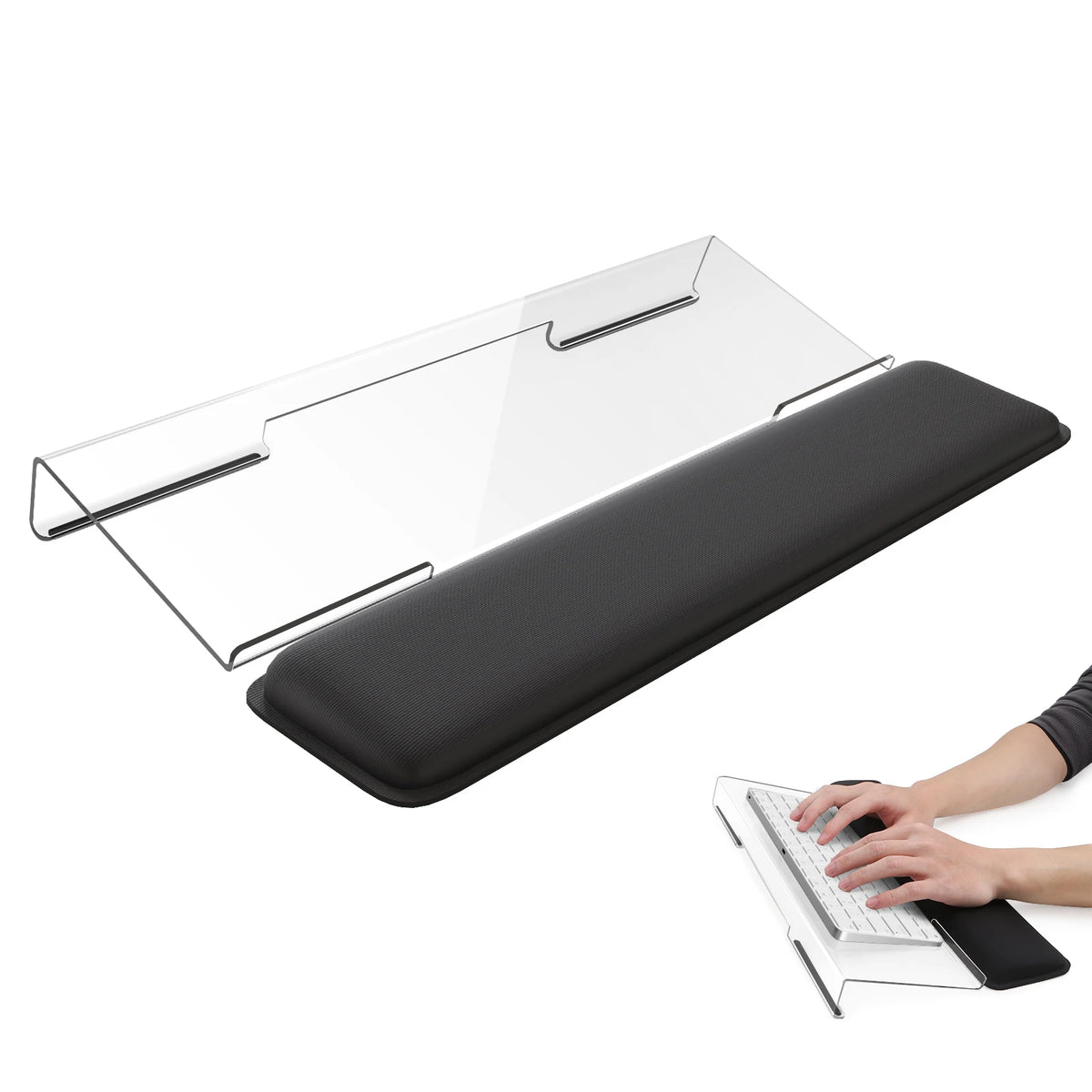 An ergonomic acrylic keyboard wrist rest stand with a black pad is shown next to a hand typing on a laptop.