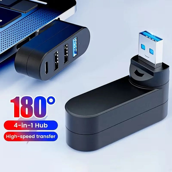 A black 4-in-1 multi-port USB hub with multiple ports and a white adapter shown on a light gray background.