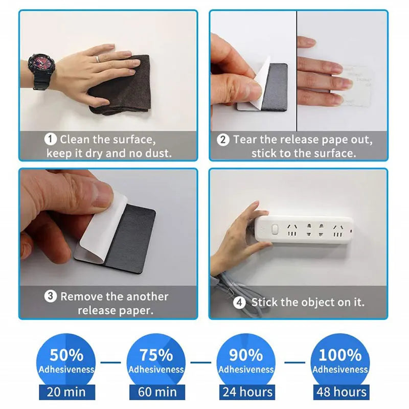 Instructions show how to use heavy duty double-sided foam mounting tape for various surfaces.