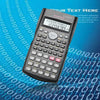 A black scientific calculator with a digital display and keypad is shown against a blue background.