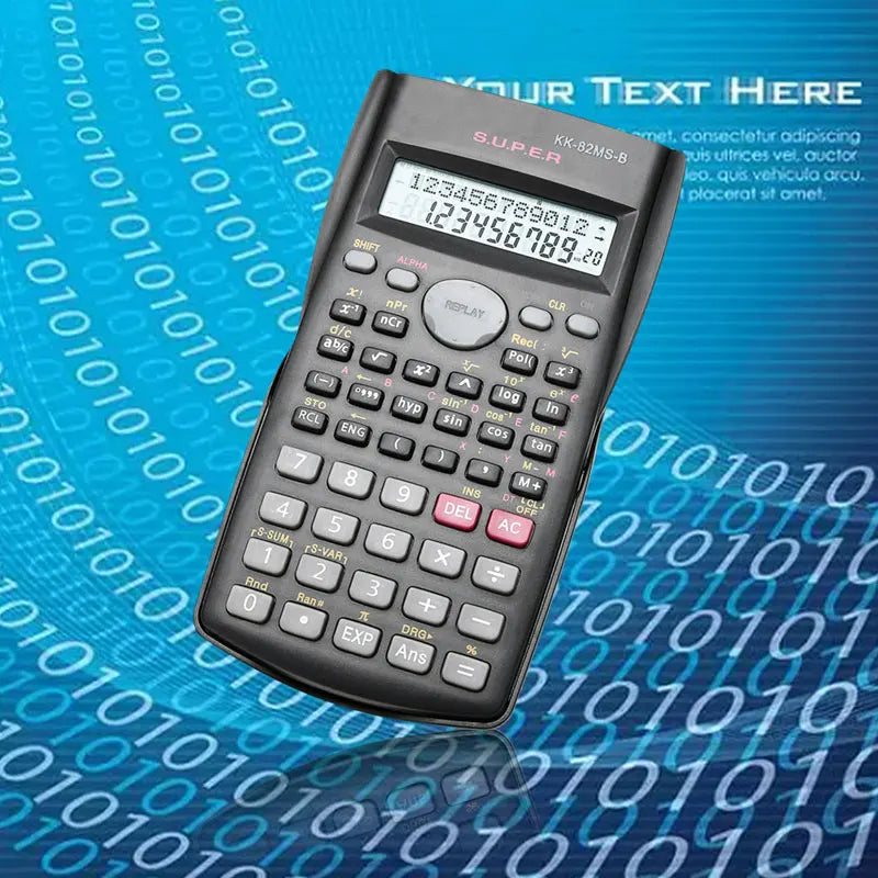 A black scientific calculator with a digital display and keypad is shown against a blue background.