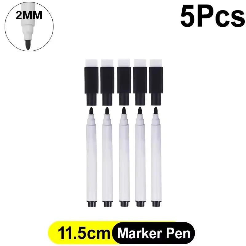 Five white dry erase marker pens with felt erasers shown next to a size reference.