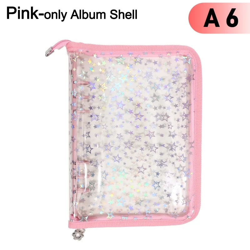 Pink-only A6 album shell with a clear plastic cover and glitter stars