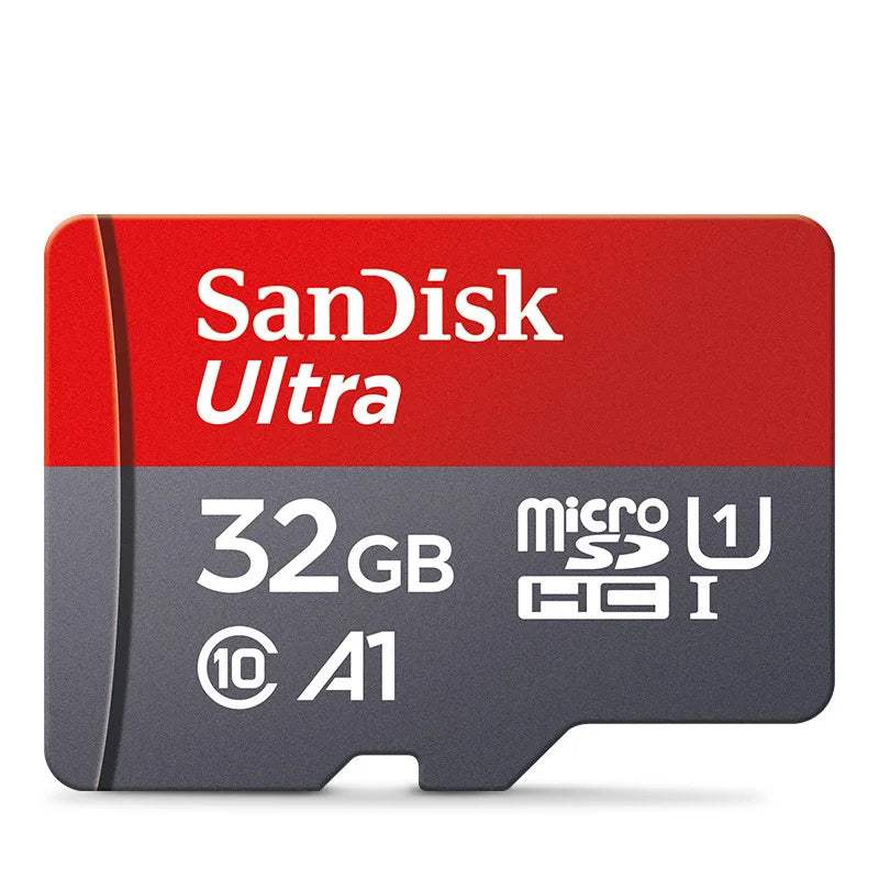 Rote und graue SanDisk Ultra Speicherkarte mit 32 GB, kompatibel für iPhone A1 Geräte.