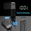 A black portable power bank with a digital display showing 100% charge, compared to an invisible reminder product.