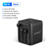 Black universal travel adapter with multiple plugs and sockets for international travel