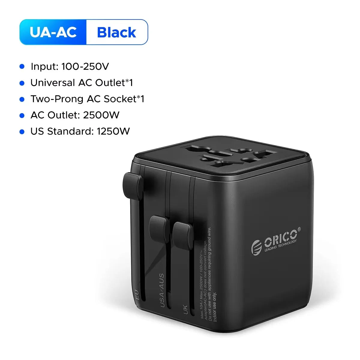 Black universal travel adapter with multiple plugs and sockets for international travel