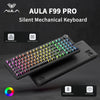 A black AULA F99 Pro silent mechanical keyboard shown with its components and battery details.