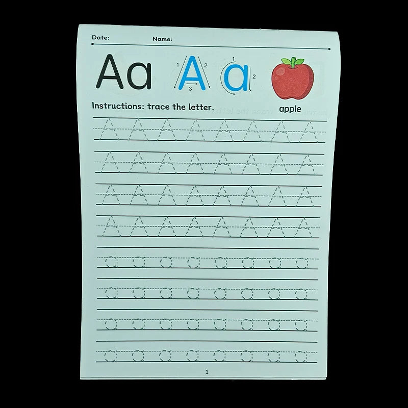 A worksheet for tracing the letters Aa and numbers 1, 2, and 3, with an apple illustration.