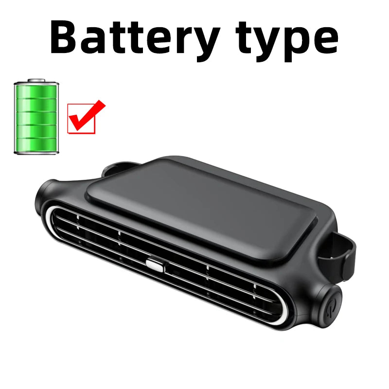A black portable USB rechargeable car cooling fan with a rectangular grille.