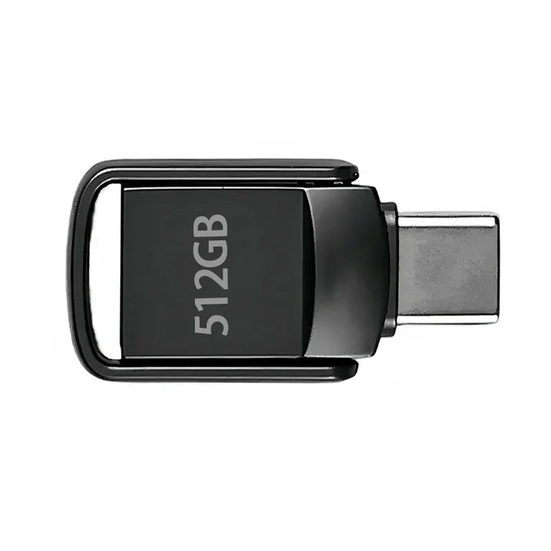 A black 512GB USB 3.2 Type-C flash drive with a metal connector.