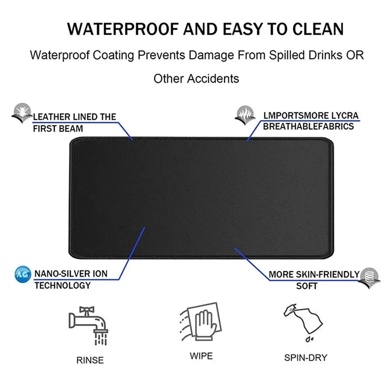 Black waterproof desk mat featuring leather lining, Lycra breathable fabrics, and nano-silver ion technology for protection.