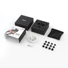 A set of black high-fidelity wired in-ear headphones, including the product box and ear tips.