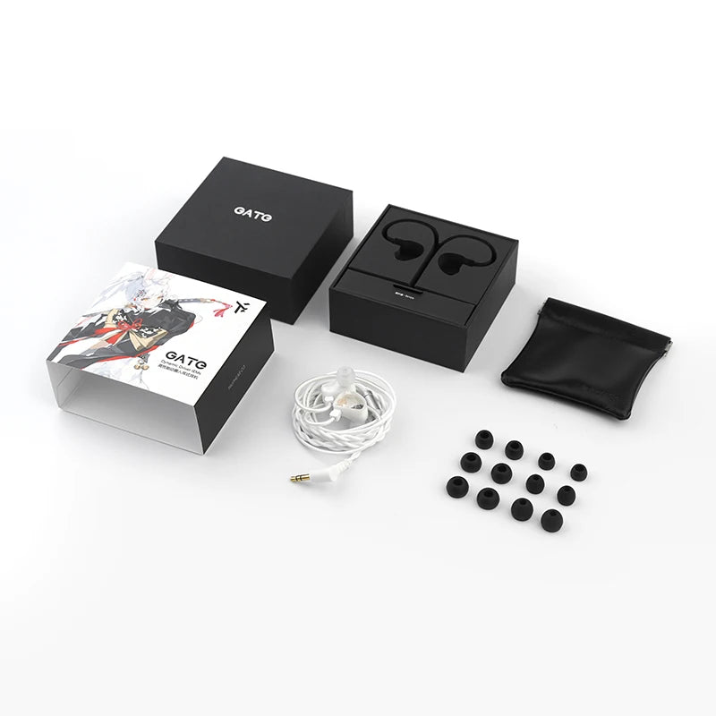 A set of black high-fidelity wired in-ear headphones, including the product box and ear tips.
