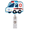 Glitzer-Acryl-ID-Kartenclip in Form eines weißen Transporters mit blauen Akzenten und einem roten Kreuzsymbol