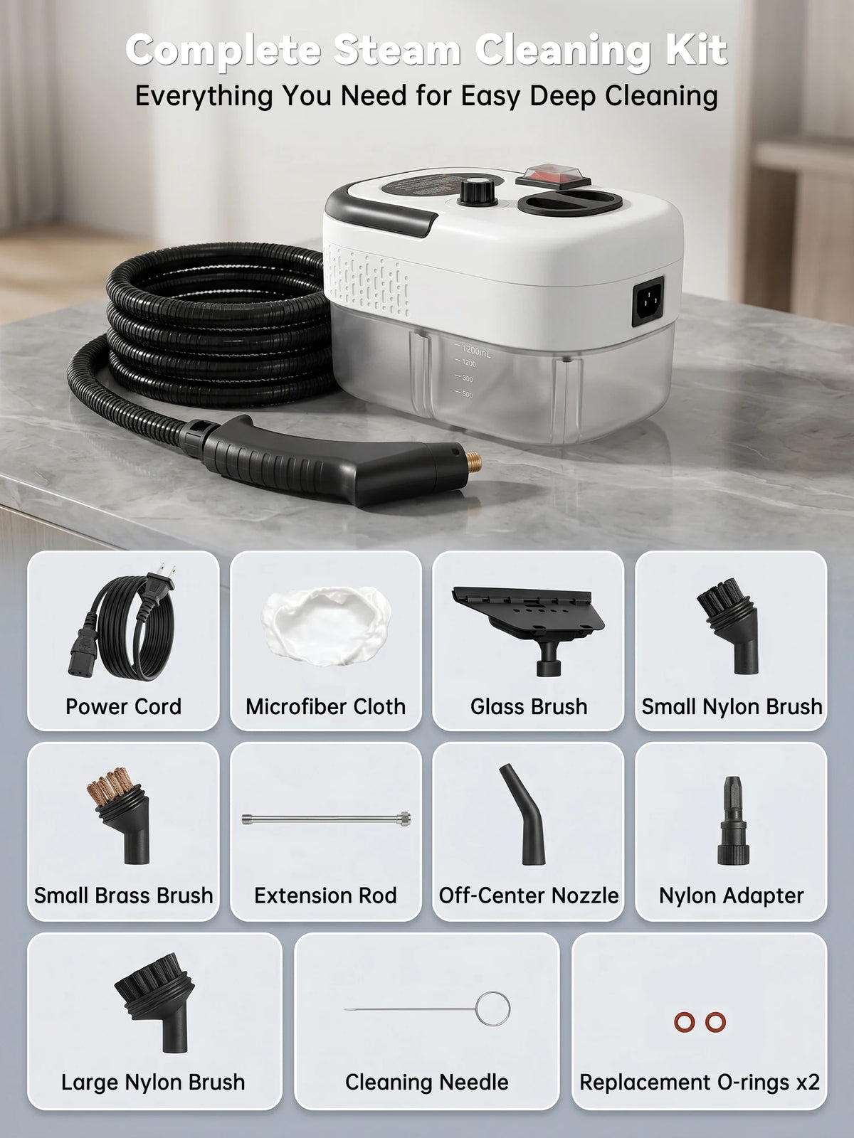 A complete steam cleaning kit featuring a handheld steamer, various brushes, and accessories for deep cleaning.