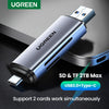 Lector de tarjeta USB-C plateado compatible con tarjetas SD y TF, vista de cerca.