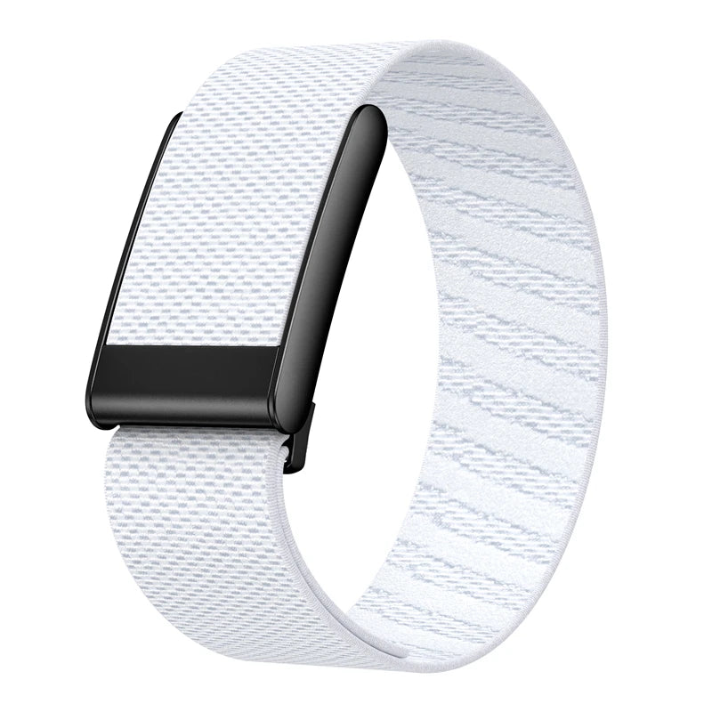 A white nylon braided strap for a fitness watch, featuring a black buckle and band.