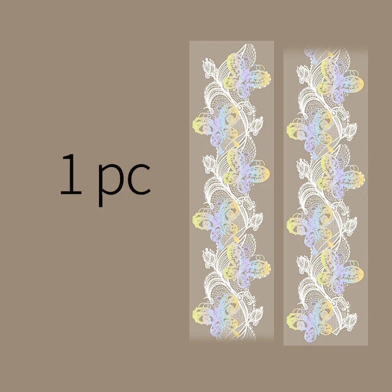 A pair of decorative silver stamping lace tape featuring purple and yellow floral patterns on a beige background.
