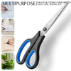 A pair of multipurpose stainless steel scissors shown with various uses like cutting paper, ribbon, and fabric.