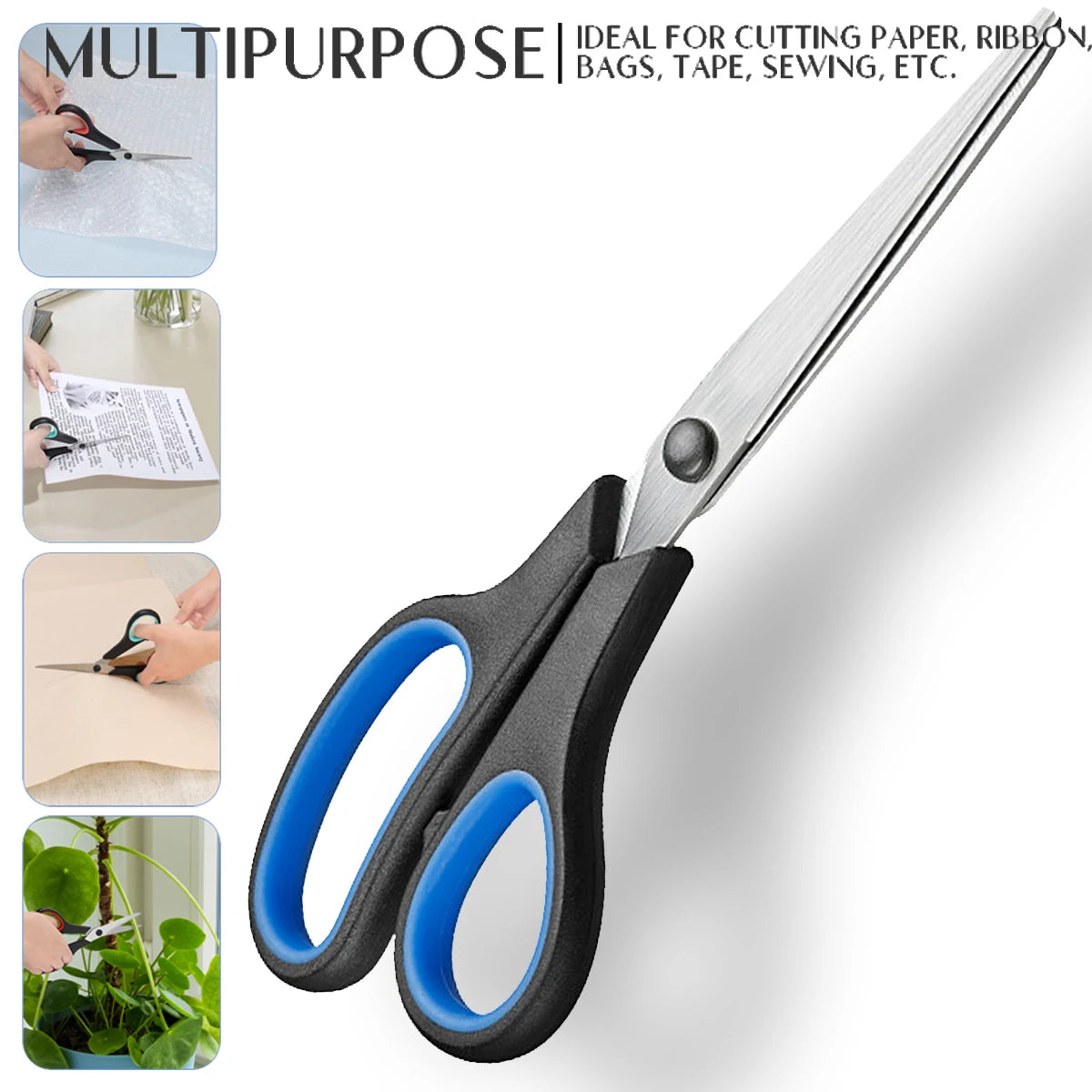 A pair of multipurpose stainless steel scissors shown with various uses like cutting paper, ribbon, and fabric.