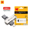 A Kodak Dual Flash Drive USB 3.2 Type-C drive packaged in a yellow box.