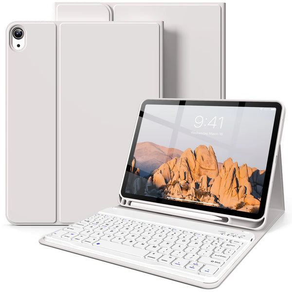 A white iPad is shown with a matching leather keyboard case and a protective cover.