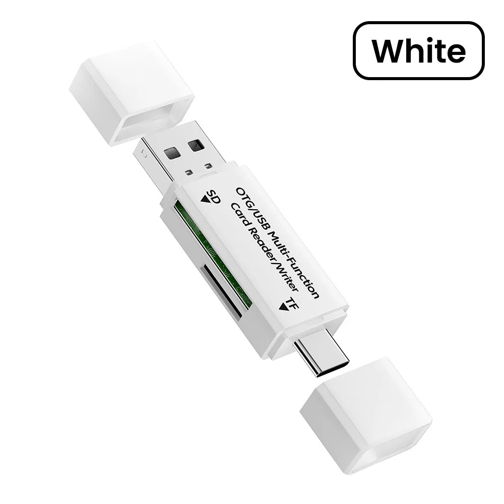 White OTG USB Multi-Function Card Reader/Writer adapter with two white connectors