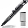 A black tactical self-defense pen with a textured grip and a glass breaker tip is shown diagonally.
