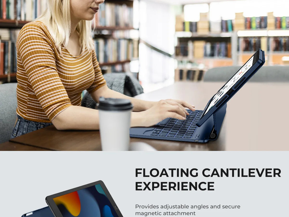 A person is using a magnetic keyboard case for an iPad, which provides a floating cantilever experience.