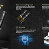 Dr. pen A8S device and various needle cartridges shown with features like two-in-one working mode and 2D technology