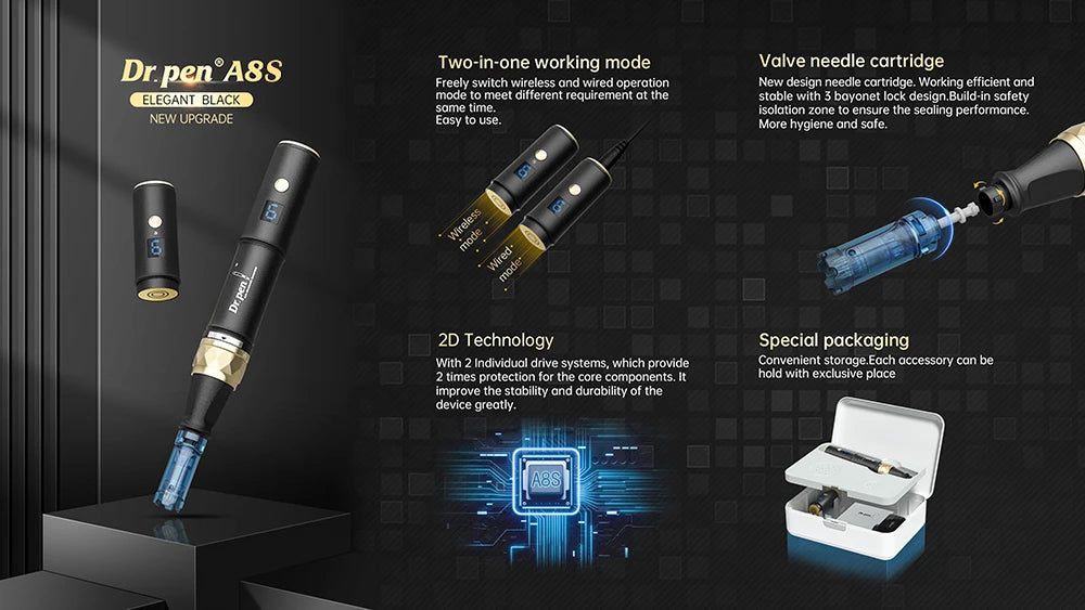 Dr. pen A8S device and various needle cartridges shown with features like two-in-one working mode and 2D technology