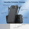 A versatile portable charger device showing input and output cables for charging devices.