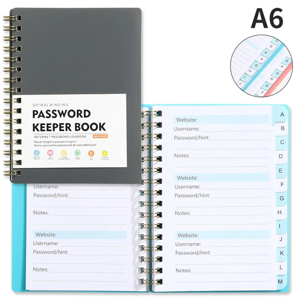 A6 spiral bound password keeper notebook with alphabetical tabs and blank pages