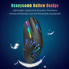 A black optical wired gaming mouse is shown against a blue background with light trails and feather graphics.