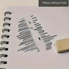 A page in a sketchbook shows various hair strokes and feather marks used for artistic practice.