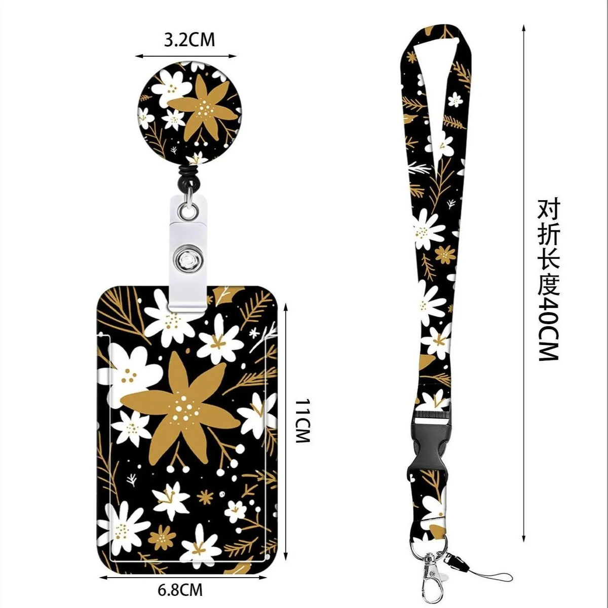 A floral patterned badge reel with a card holder and lanyard is shown against a white background.