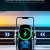 A close-up of a silver electric clamping phone mount designed for a car, featuring an iPhone display.