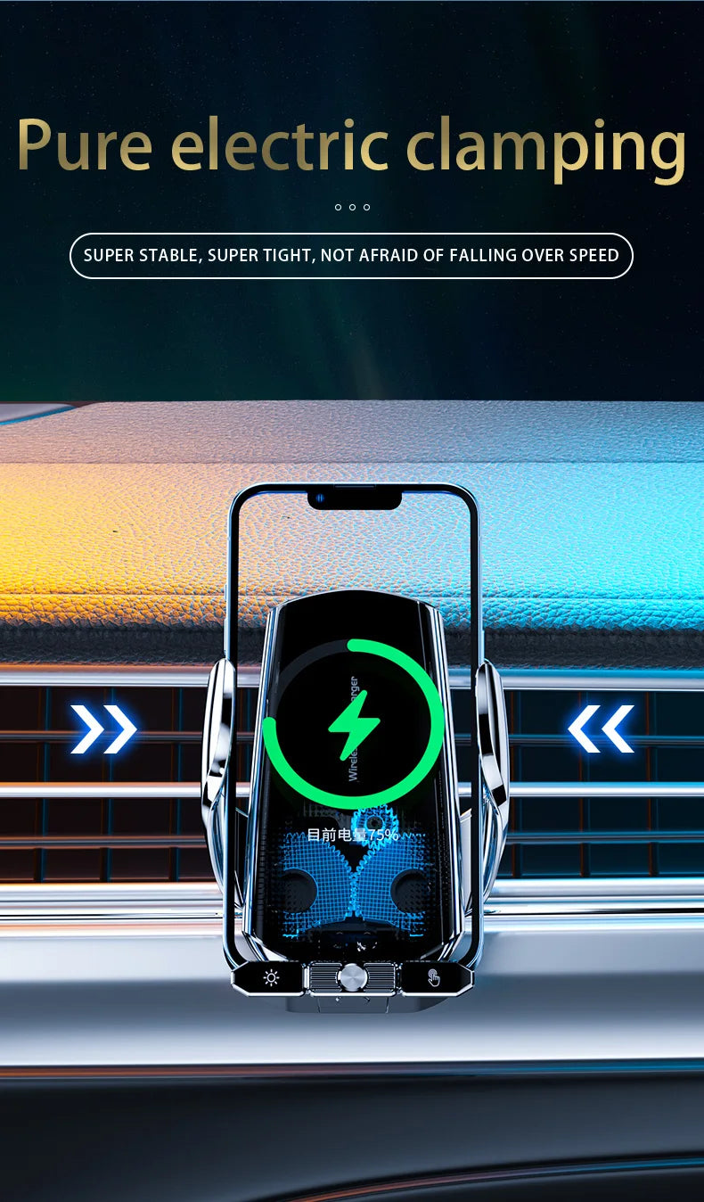 A close-up of a silver electric clamping phone mount designed for a car, featuring an iPhone display.