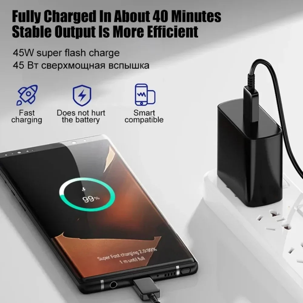 A black 45W dual Type-C PD fast charger is shown charging a smartphone.