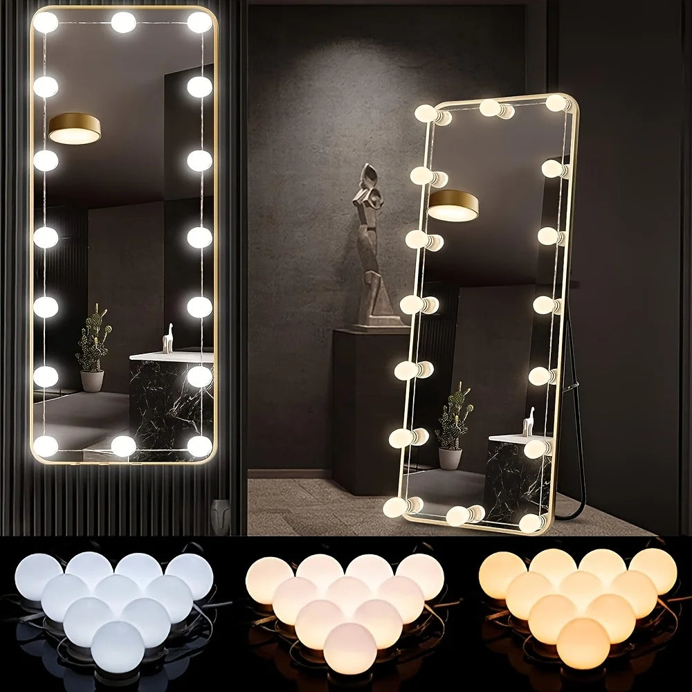 A set of round LED vanity mirrors and light fixtures displayed on a black background.