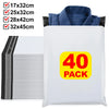 A pack of 40 clear plastic mailers with various sizes and a folded blue striped shirt visible.