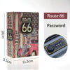 A rectangular box labeled Route 66 with a lock and a password card next to a keyhole entry device.