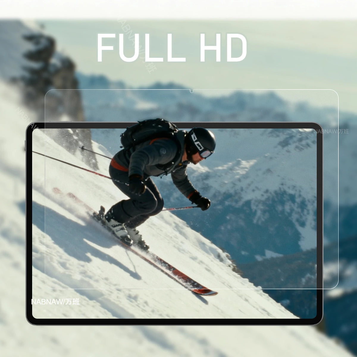 A full HD image of a snowboarder descending a snowy mountain slope.