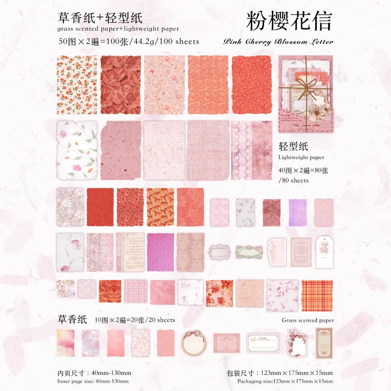 A collection of pink and coral colored scented paper sheets for crafting and scrapbooking